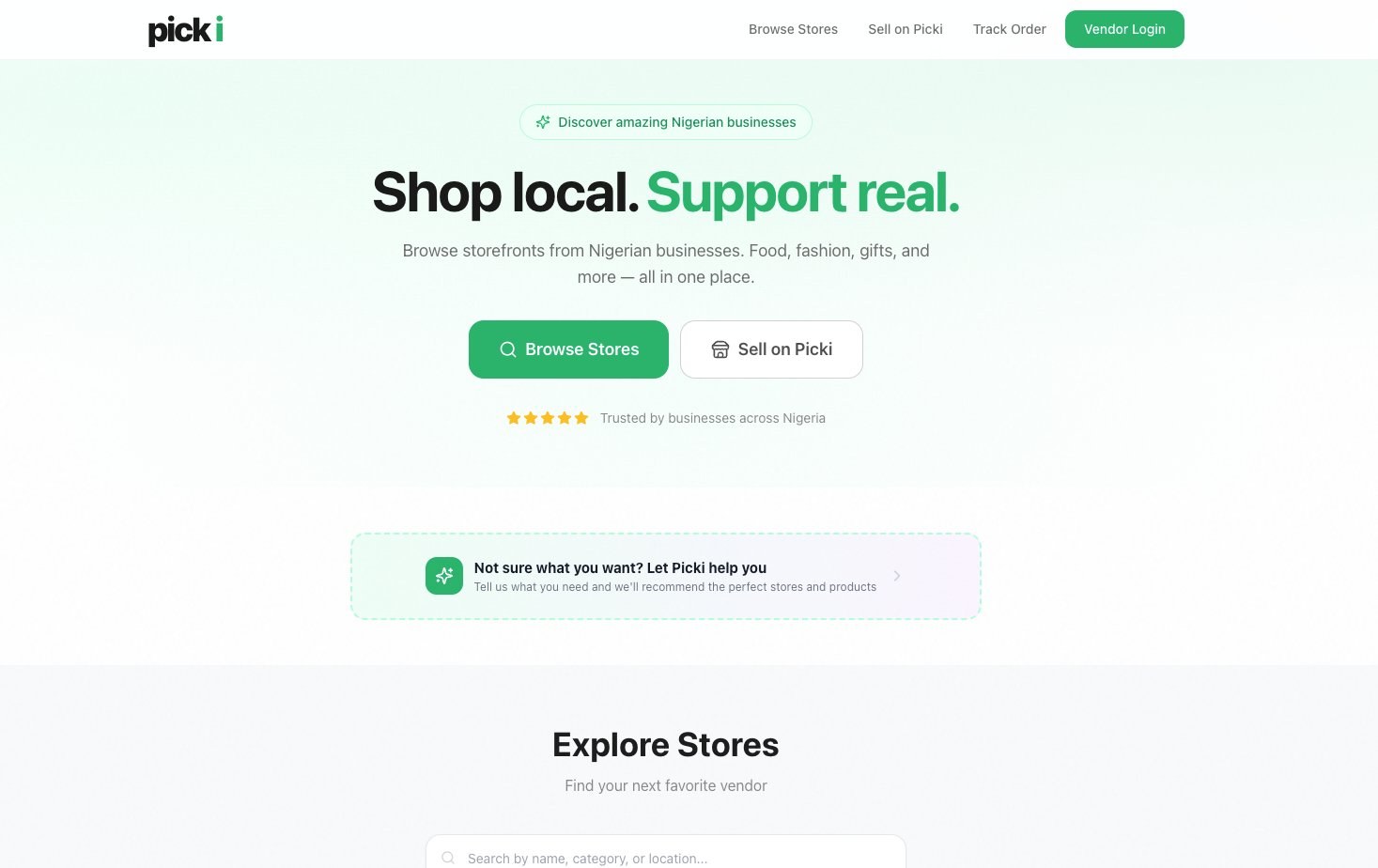 The Picki storefront homepage