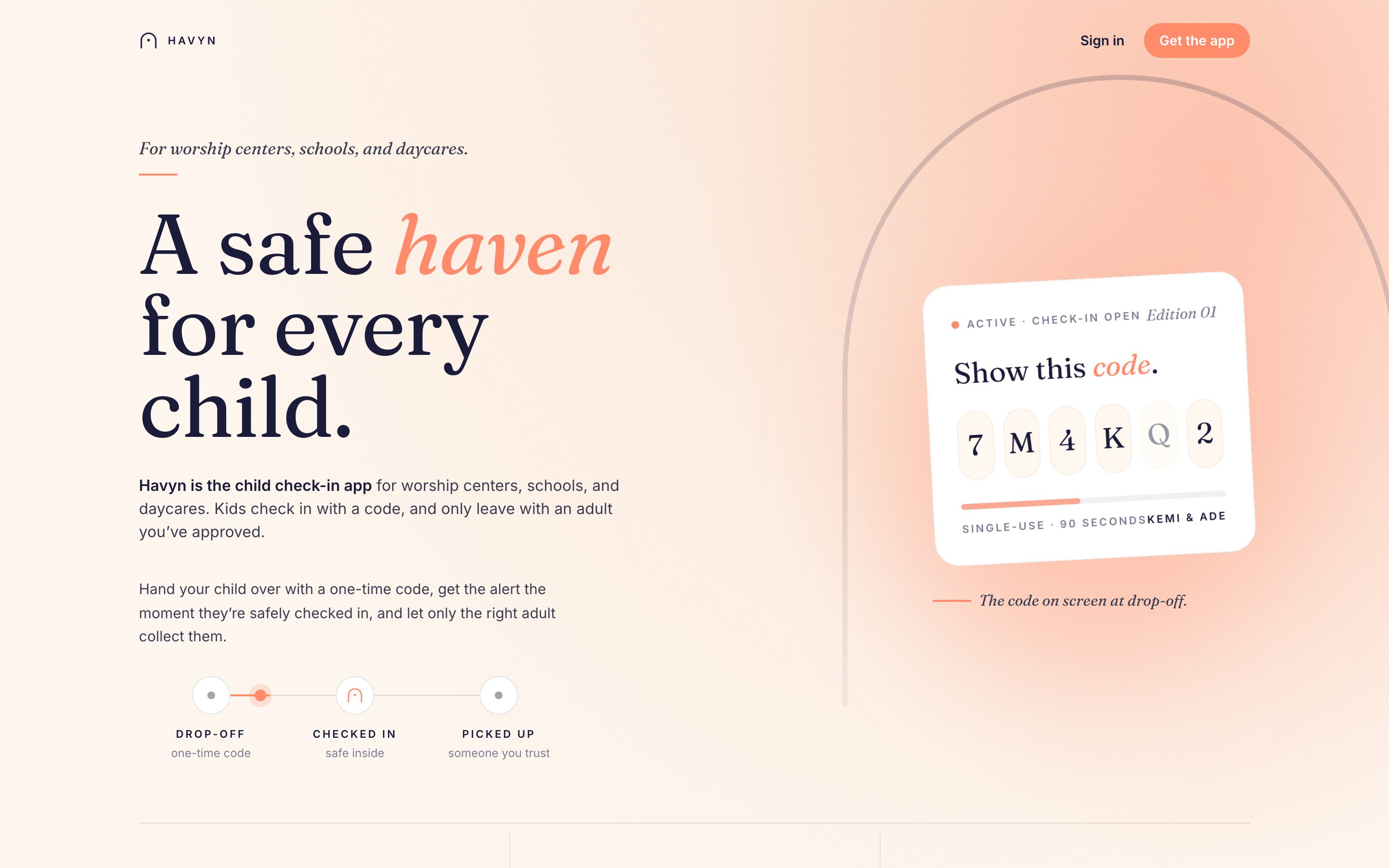 The Havyn child check-in app landing page